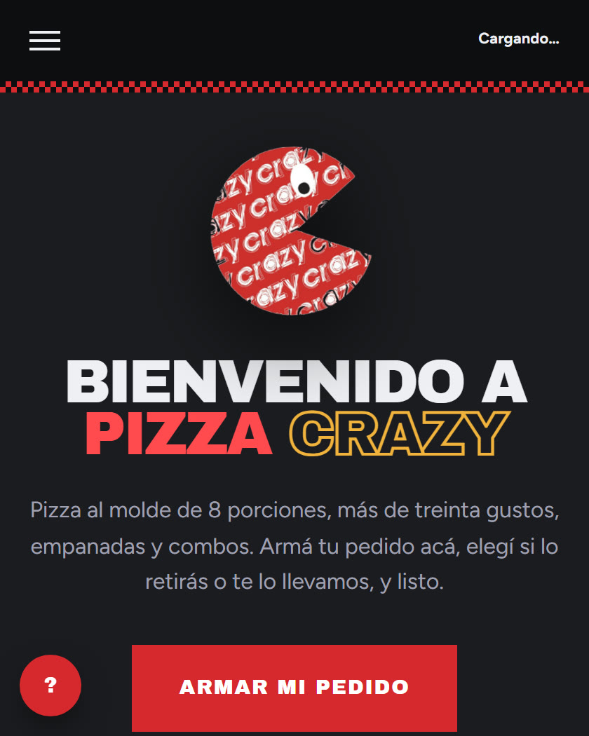 Página de pedidos de Pizza Crazy en el celular